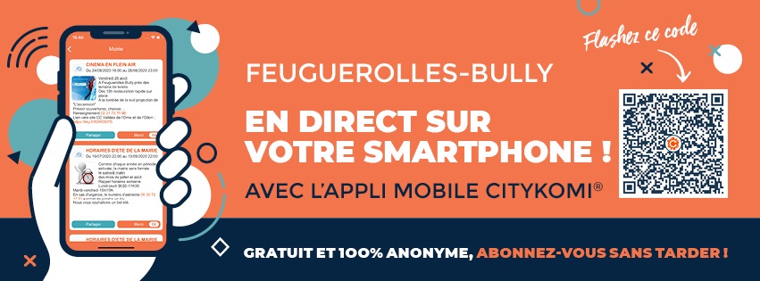 Annonce pour l'application mobile Citykomi à Feuguerolles-Bully, avec QR code et informations sur la mairie.