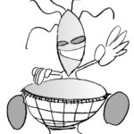 Personnage animé joyeux jouant du tambour, sourire aux lèvres et bras levés, sur fond blanc.