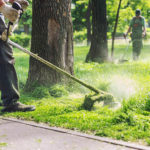 Entretien des espaces verts à Feuguerolles-Bully, avec des ouvriers en train de tondre de l'herbe.