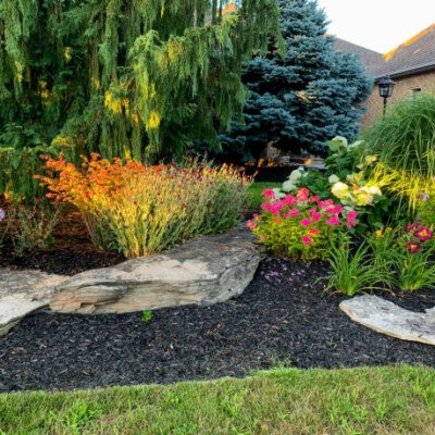 Aménagement floral coloré avec rochers et plantes dans un jardin lumineux de la commune de Feuguerolles-Bully.