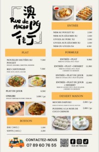 Menu du restaurant Rue de Macao, indiquant les plats, entrées, desserts et boissons avec leurs prix.