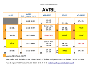 Planning d'ouverture de la médiathèque pour avril, incluant horaires et événements spéciaux.
