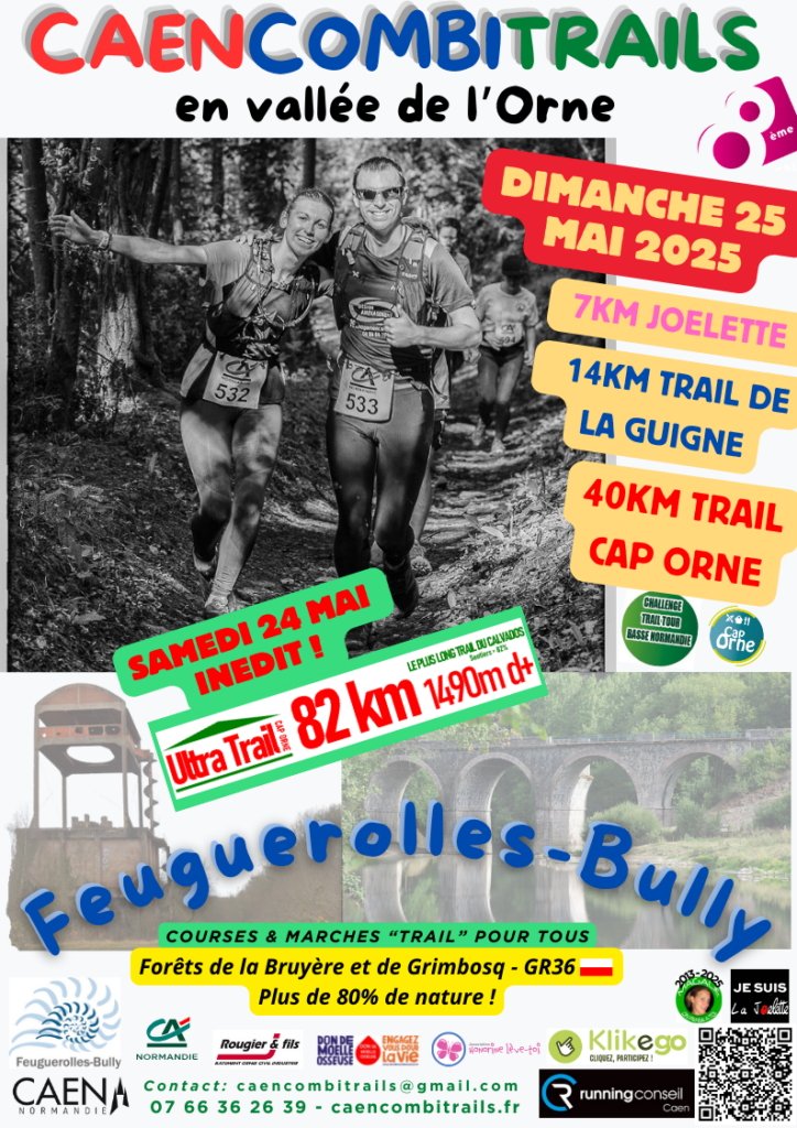 Affiche de l'événement Caen CombiTrails à Feuguerolles-Bully, avec des coureurs en pleine course en forêt.