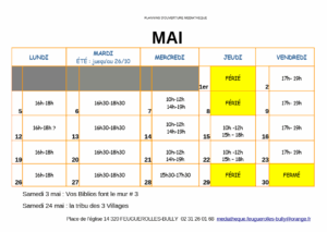 Planning d'ouverture de la médiathèque de Feuguerolles-Bully pour le mois de mai.