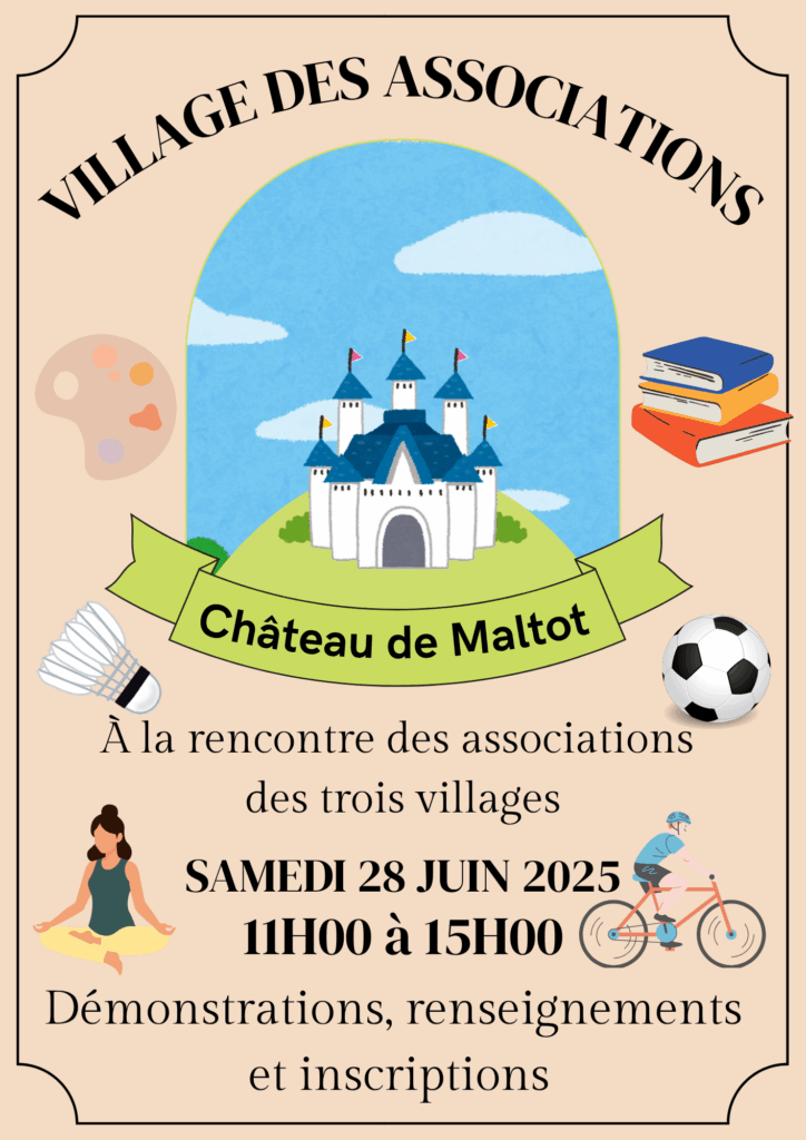 Affiche du "Village des associations" au Château de Maltot, événement le 28 juin 2025 avec démonstrations et inscriptions.
