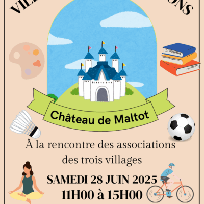Affiche du Village des Associations au Château de Maltot, le 28 juin 2025, avec activités et inscriptions.