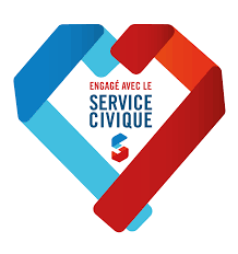 Logo du Service Civique avec un cœur stylisé en bleu et rouge, symbolisant l'engagement et la solidarité.
