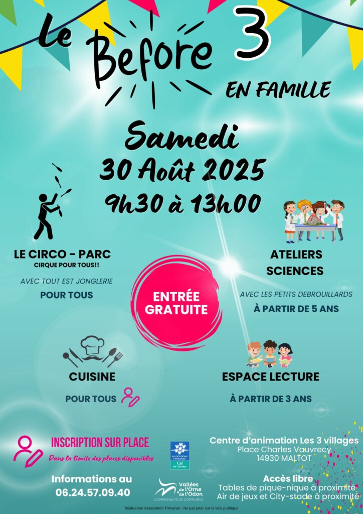 Affiche de l'événement "Le Before 3 en famille" à Feuguerolles-Bully, le 30 août 2025, avec diverses activités gratuites.