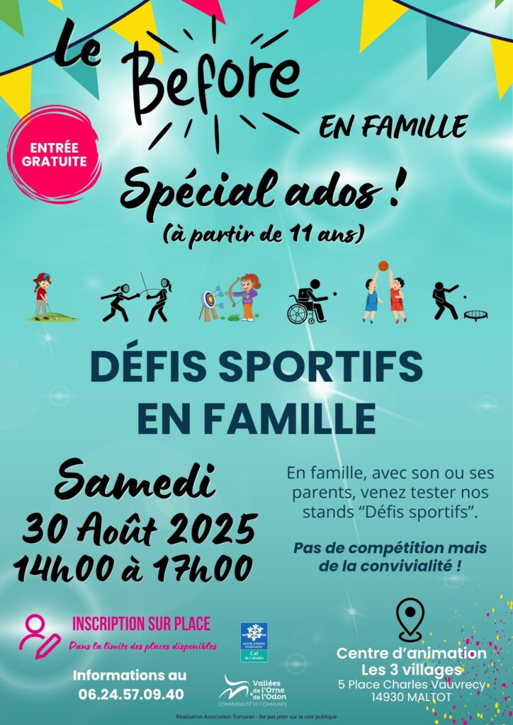 Événement "Le Before" : défis sportifs en famille, 30 août 2025, de 14h00 à 17h00, entrée gratuite. Inscription sur place.
