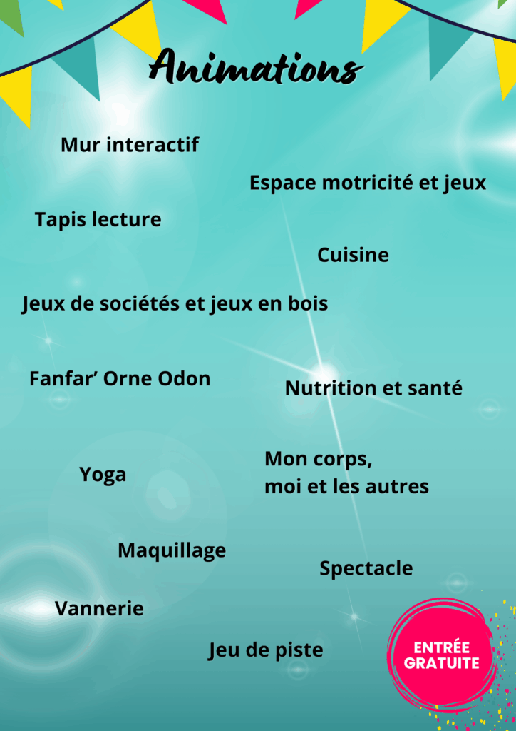 Liste d'animations pour une commune : jeux, yoga, cuisine, spectacle, et activités variées, entrée gratuite.