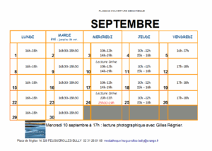 Planning d'ouverture de la médiathèque de Feuguerolles-Bully pour septembre.