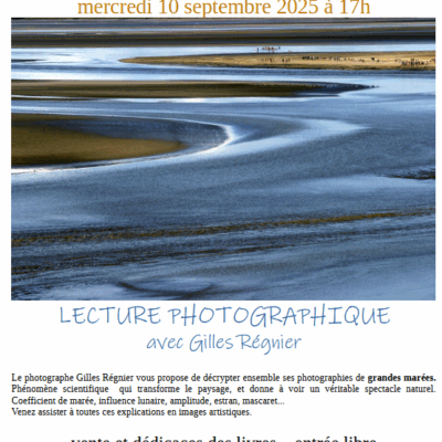 Affiche de la médiathèque de Feuguerolles-Bully annonçant une lecture photographique avec Gilles Régnier, 10 septembre 2025.