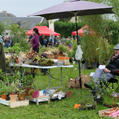 Marché de plantes avec des visiteurs, stands de vente, et une personne assise sur une chaise, dans une ambiance conviviale.