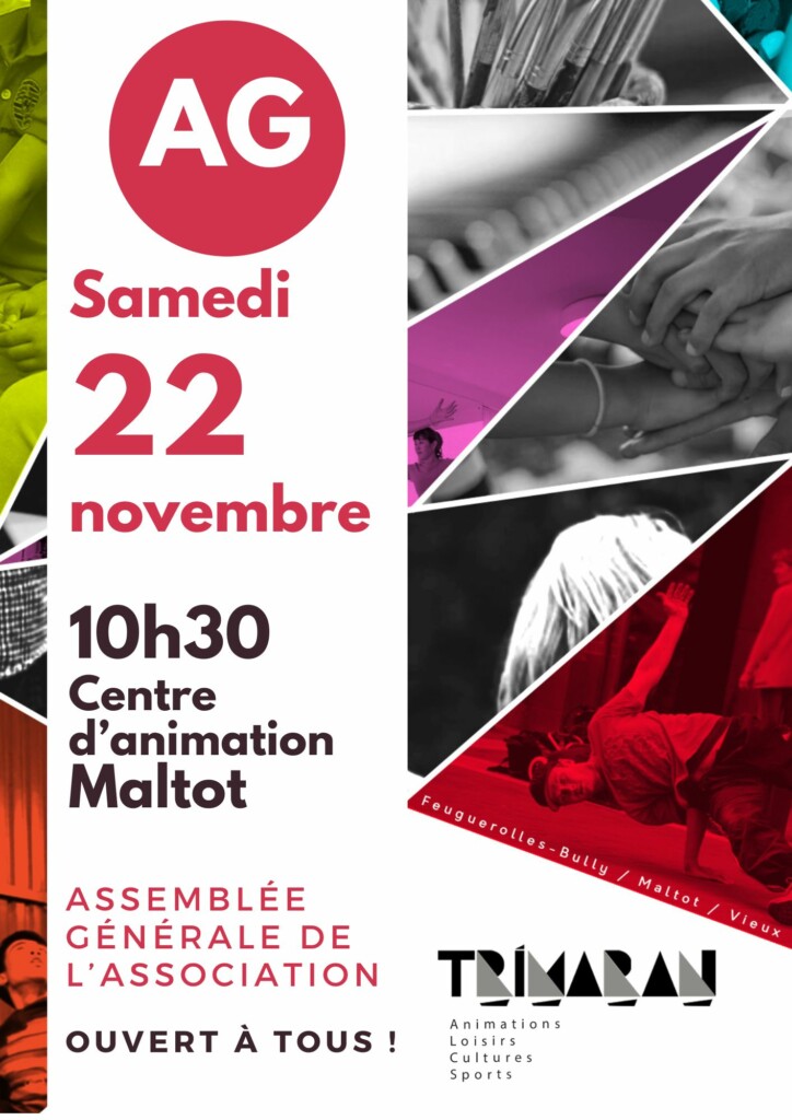 Affiche de l'assemblée générale de l'association Trimaran à Feuguerolles-Bully, le 22 novembre au centre d'animation Maltot.