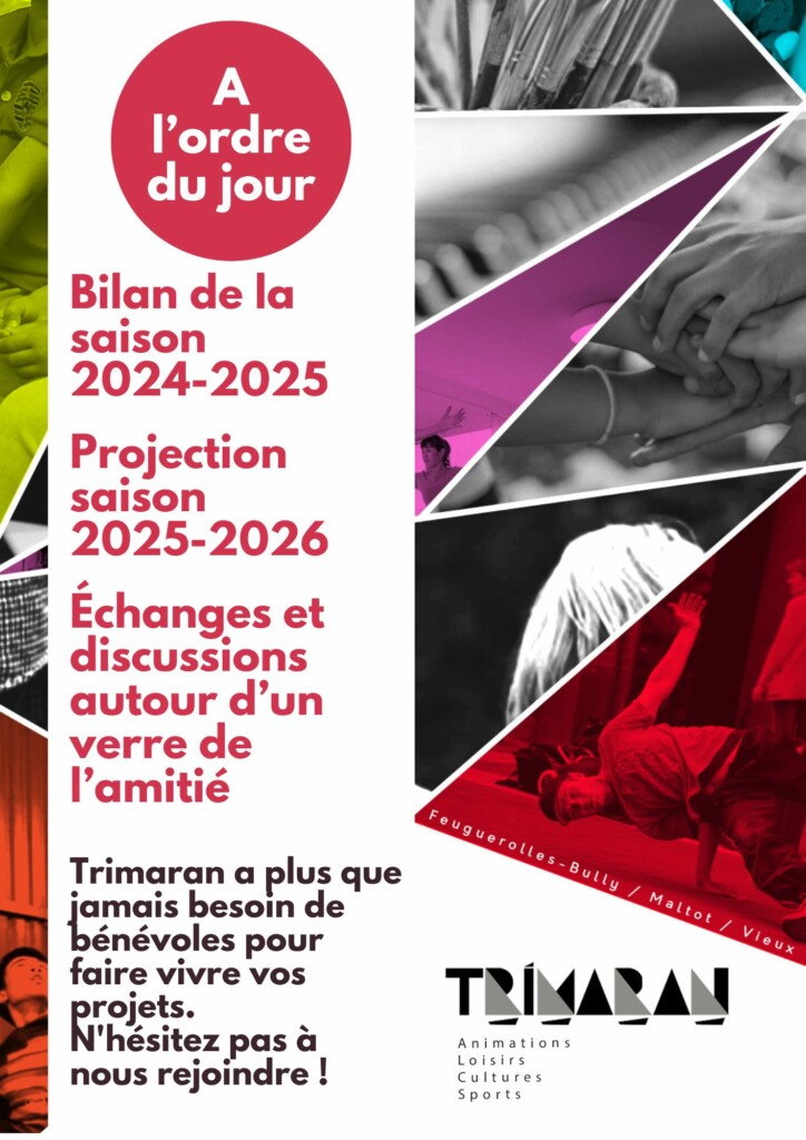 Image d'un bulletin d'information de Trimaran, annonçant des activités et discussions pour la saison 2024-2025 à Feuguerolles-Bully.