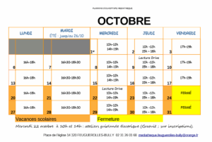 Planning d'ouverture de la médiathèque de Feuguerolles-Bully pour le mois d'octobre.