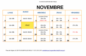 Planning d'ouverture de la médiathèque de Feuguerolles-Bully pour novembre.