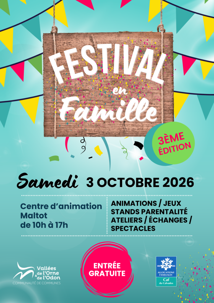 Affiche du Festival en Famille à Maltot, le 3 octobre 2026, avec animations et entrée gratuite.