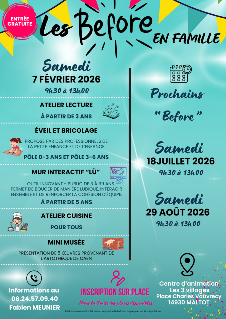 Affiche présentant les ateliers en famille "Les Before" à Feuguerolles-Bully, avec date et infos pratiques.