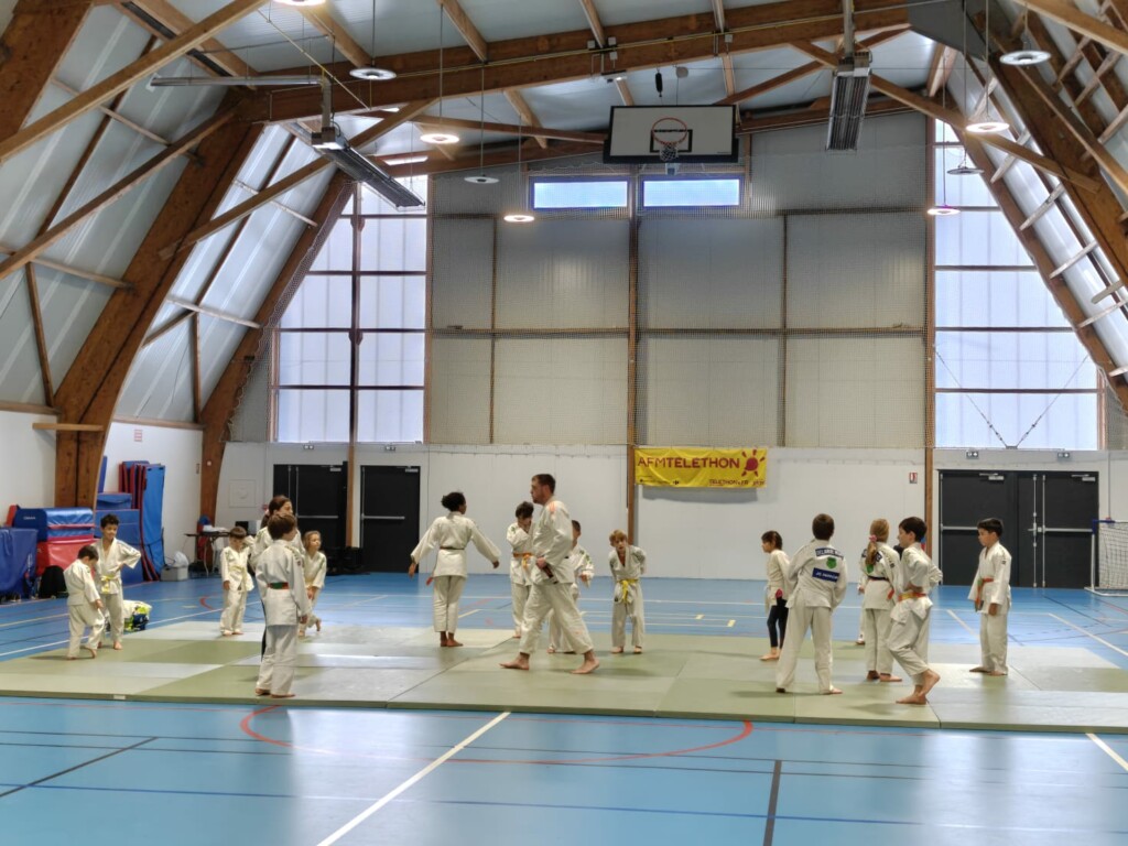 Entraînement de judo pour enfants dans un dojo éclairé à Feuguerolles-Bully.