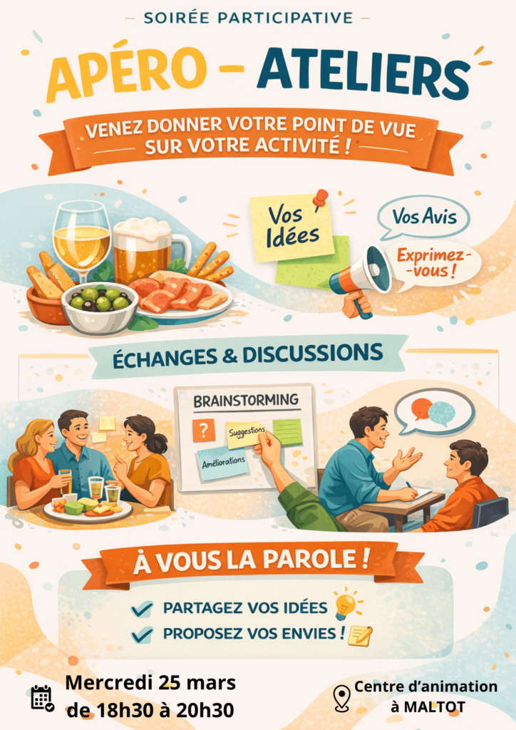 Affiche pour une soirée participative à Feuguerolles-Bully, avec apéro, échanges et brainstorming sur les idées de la communauté.