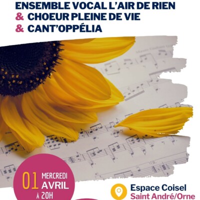 Affiche de concert avec un tournesol sur une partition musicale, mentionnant des ensembles vocaux et la date. Entrée libre.