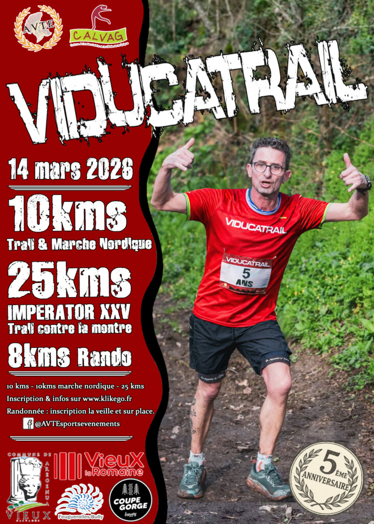 Affiche du Viducatrail 2026, avec un coureur en action et des informations sur les parcours et inscriptions.