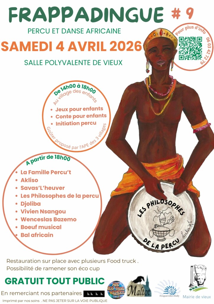 Affiche de l'événement Frappadingue, percussion et danse africaine, le 4 avril 2026 à la salle polyvalente de Vieux.
