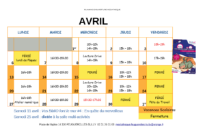 Planning d'ouverture de la médiathèque de Feuguerolles-Bully pour avril 2023.
