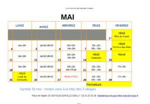 Planning d'ouverture de la médiathèque de Feuguerolles-Bully pour le mois de mai.