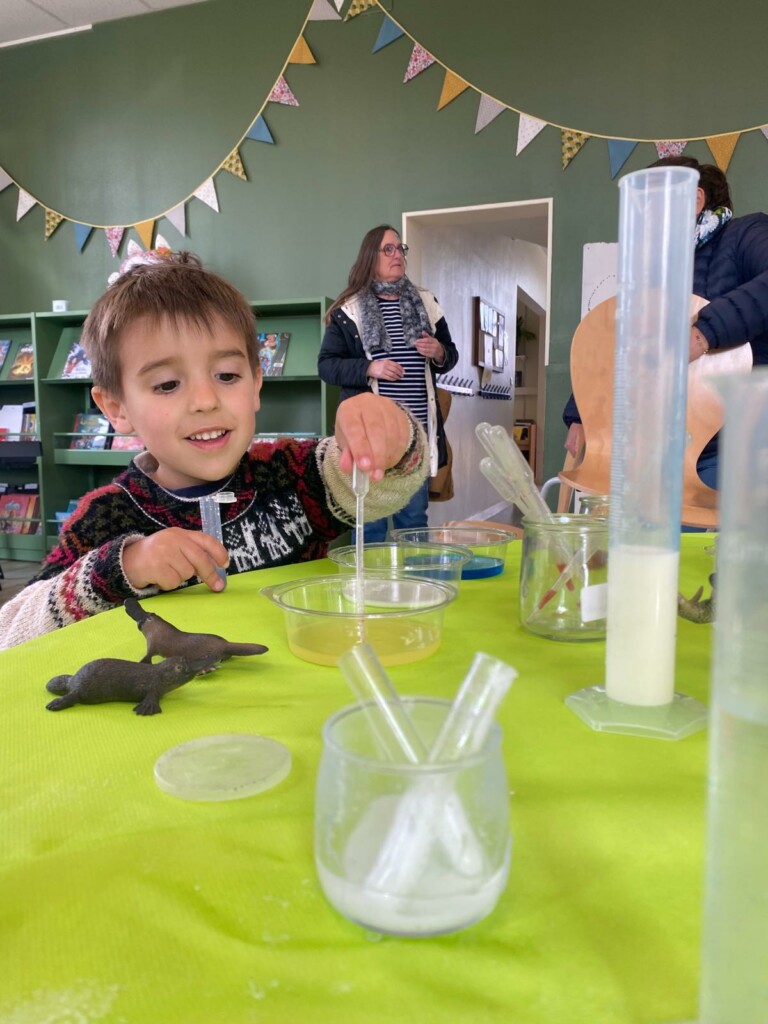 Un enfant expérimente avec des éprouvettes et des liquides colorés dans un cadre éducatif.