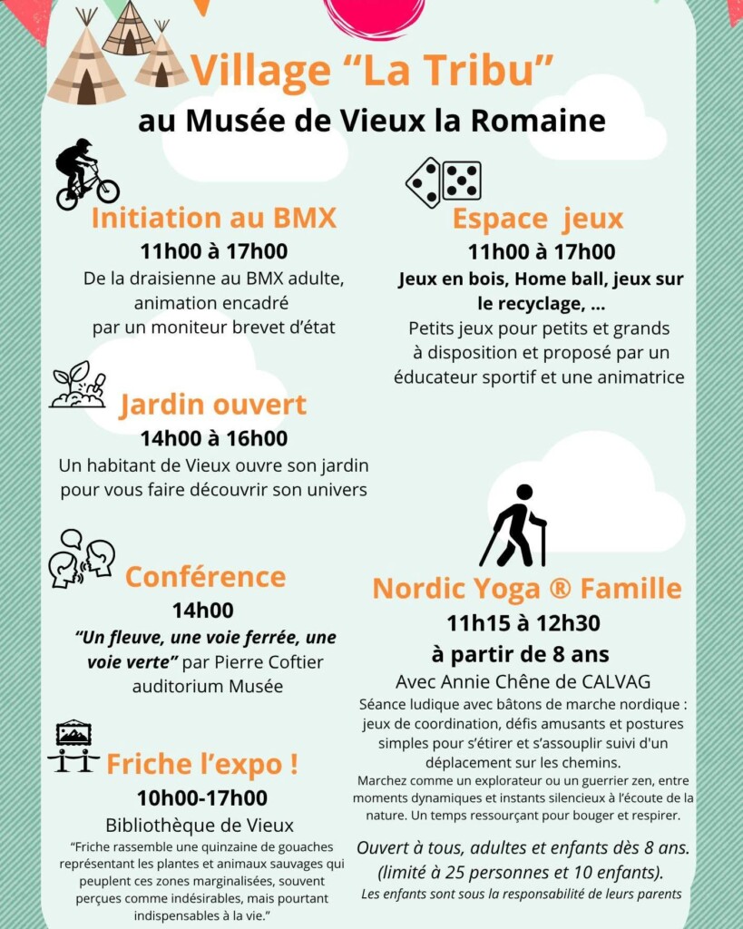 Affiche d'événements au Musée de Vieux la Romaine, incluant BMX, jeux, jardin ouvert, conférence et Nordic Yoga.
