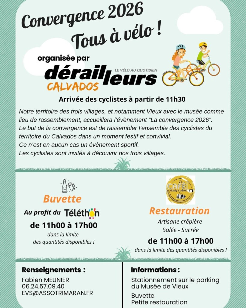 Affiche pour l'événement "Convergence 2026" à vélo, incluant informations sur la buvette et la restauration.