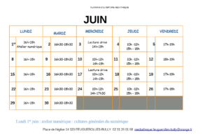 Planning d'ouverture de la médiathèque pour le mois de juin à Feuguerolles-Bully.