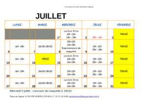 Planning d'ouverture de la médiathèque de Feuguerolles-Bully pour juillet 2023. Concours de maquette le 8 juillet.