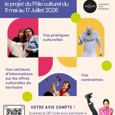 Affiche de l'enquête publique sur le projet du Pôle culturel, avec des illustrations de participants et un QR code.