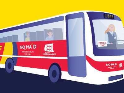 Bus desservant Feuguerolles-Bully avec des passagers et un conducteur, sur fond coloré.