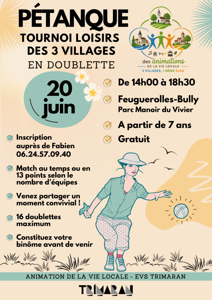 Affiche du tournoi de pétanque à Feuguerolles-Bully, le 20 juin, de 14h à 18h30. Inscription gratuite.