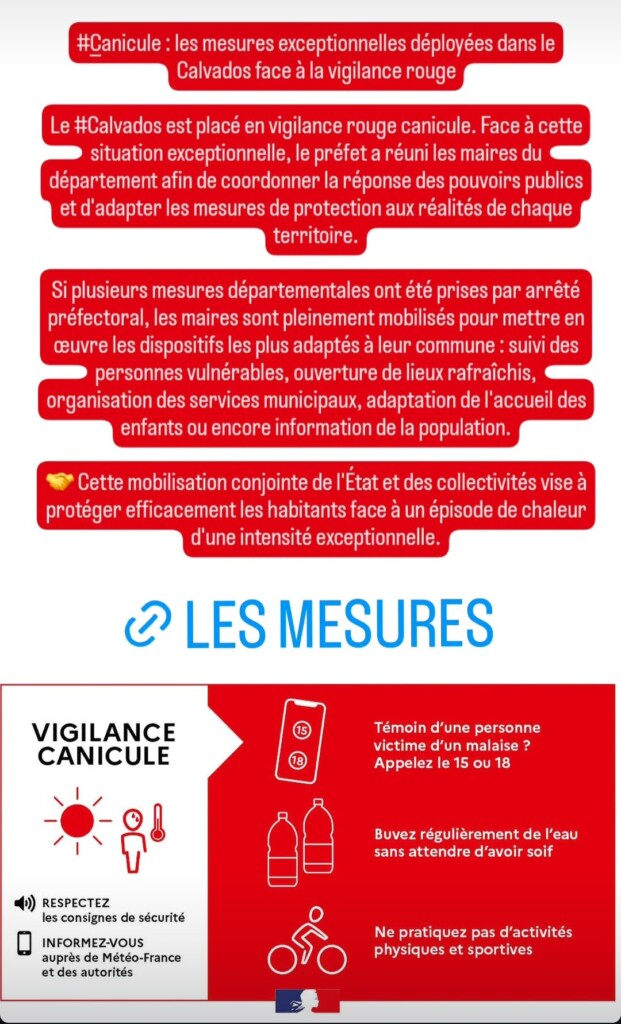 Affiche sur les mesures de vigilance canicule dans le Calvados, incluant conseils de sécurité et informations pour la population.