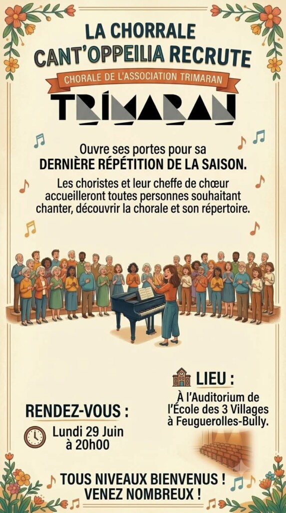 Affiche de recrutement pour la chorale Cant'Oppeilia à Feuguerolles-Bully, annonçant une répétition ouverte.